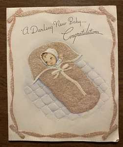 Vintage 40er Jahre Neu Baby Neugeborenes Glückwunschkarte Grußkarte Decke P4d - Bild 1 von 17