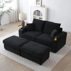 Loveseat with Ottomans,Corduroy Fabric Modular Sectional Sofa,Comfy Deep Plush C - Picture 1 of 7