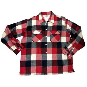 Vtg 50s BRENT Red Gray Plaid Shirt Loop Collar Wool Rayon L Montgomery Ward Sz L - Picture 1 of 7