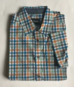 $60 NWT Mens Marmot 44110 Meeker Short Sleeve Checked Button Down Shirt Pond S M - Picture 1 of 2
