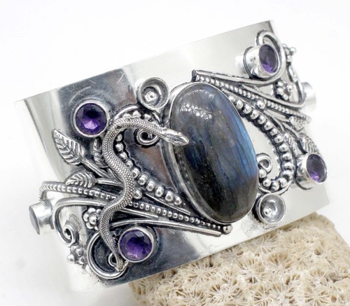 VALENTINO 925 Sterling Silver Labradorite & Amethyst Gemstone Jewelry Cuff Bracelet S ADJ"