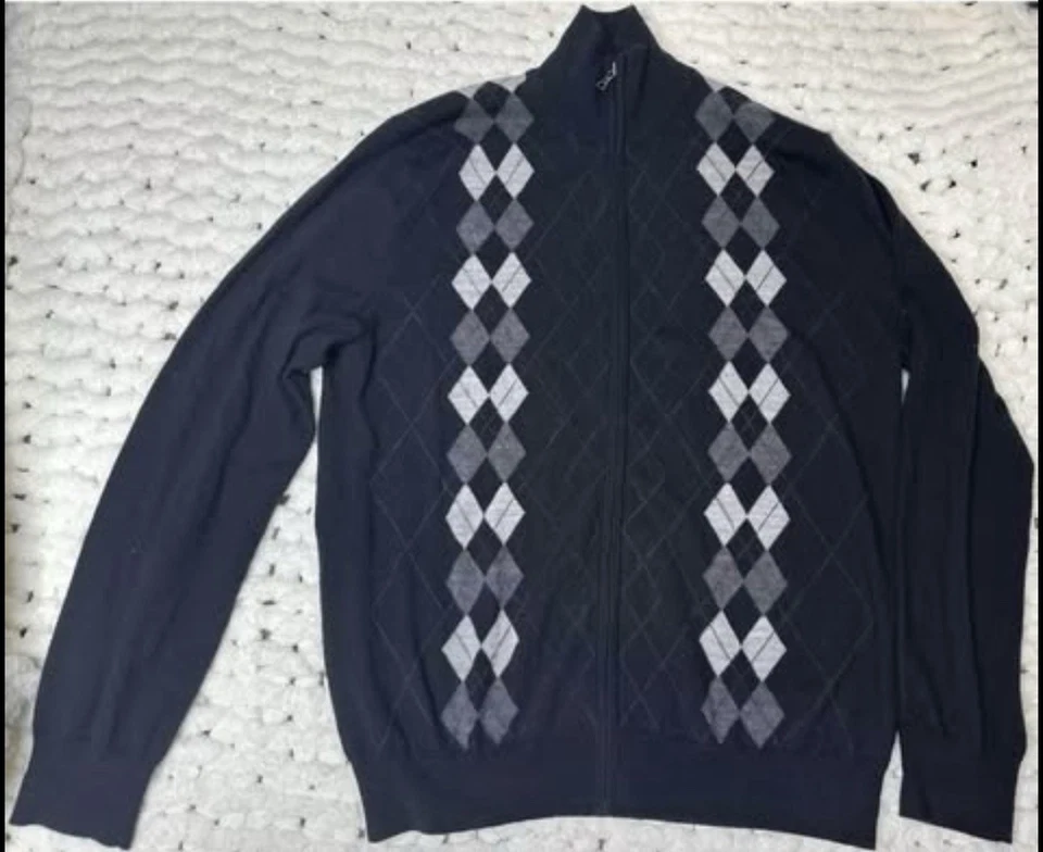 Merino Wool 100% Black Zip Up Diamond Men Sweater Pullover Size L /12-14 - Image 1 of 1