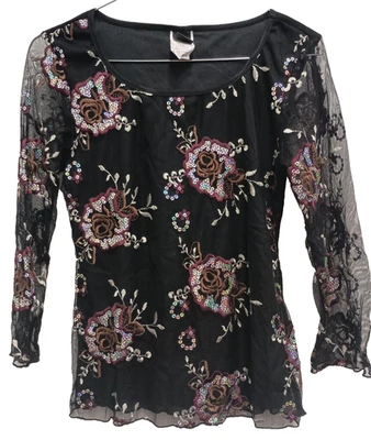 Top corto envolvente Y2K mediano negro flora bordado lentejuelas malla grunge gótico de colección Foto 1 de 4