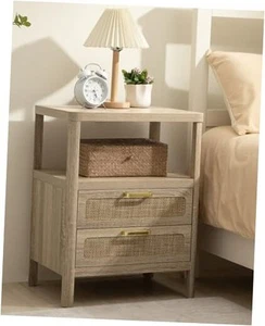 Rattan Nightstand with 2 Drawers - Boho Bedside Table, Farmhouse Night Stand - Picture 1 of 7