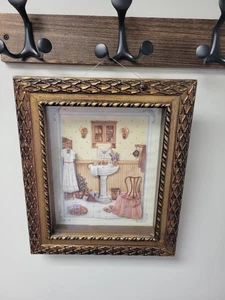 Nicely Wood Framed "Her Bathroom" Paper Tole 3-D Decoupage Shadowbox Art  Signed - Picture 1 of 24
