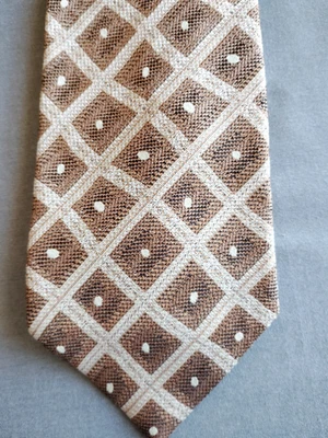 Hugo Boss Silk Tie Men Brown Cream Diamond Geometric Made in Italy 57" Preppy - Image 1 of 4
