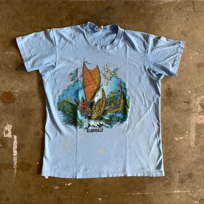 1970s VINTAGE 70s HAWAIIAN ISLANDS HAWAII VACATION SOUVENIR T-SHIRT SZ S SURFER - Image 1 of 4