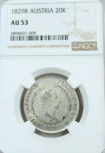 1829 A AUSTRIA SILVER 20 KREUZER 20K FRANZ II NGC AU 53 HIGH GRADE BEAUTIFUL - Picture 1 of 5