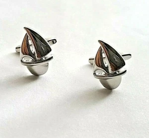 New Sailing Boat Cufflinks Rhodium Plated Sail Boat Cufflinks - Picture 1 of 7