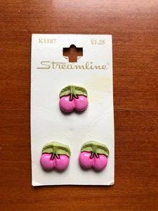 New Set of 3 Pink & Green Fruit Shape Buttons 5/8" wide Plastic Streamline - Picture 1 of 1
