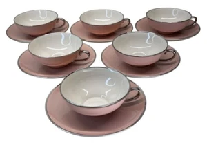 6 Gladding McBean Franciscan China Magnolia Pink Platinum Trim Cups & Saucers - Picture 1 of 11