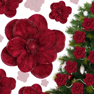 12 Pcs Christmas Velvet Poinsettia Burgundy Magnolia Flowers Ornaments Glitter L - Picture 1 of 6