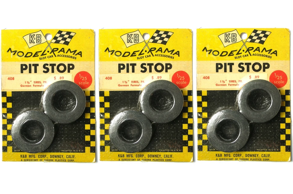 6 件装 1965 年 K&B Aurora 1:24 槽式汽车进站零件 1 3/8 英寸德国 SLICK TIRES #408 — 第 1/3 张图片