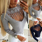 Women Ribbed Hollow V Neck Shirt Ladies Casual Long Sleeve Bodycon Pullover Tops