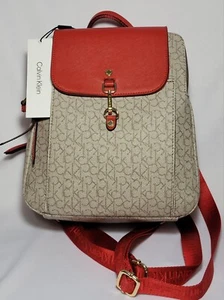Calvin Klein Hudson Monogram Signature Backpack Purse Red Tan NEW - Picture 1 of 9
