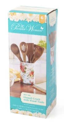 Pioneer Woman Utensil Crock Stoneware Wood Tools 6 Pc Set SWEET ROSE NIB Foto 1 de 4