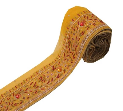 Sushila Vintage Mustard Saree Border Craft Sewing Hand Embroidered Lace Ribbon - Image 1 of 4