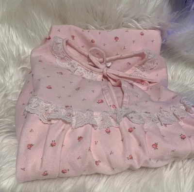 Vintage Her Majesty Girls Ruffle Flannel Nightgown Pink Rose Lace Size 8 - Image 1 of 4