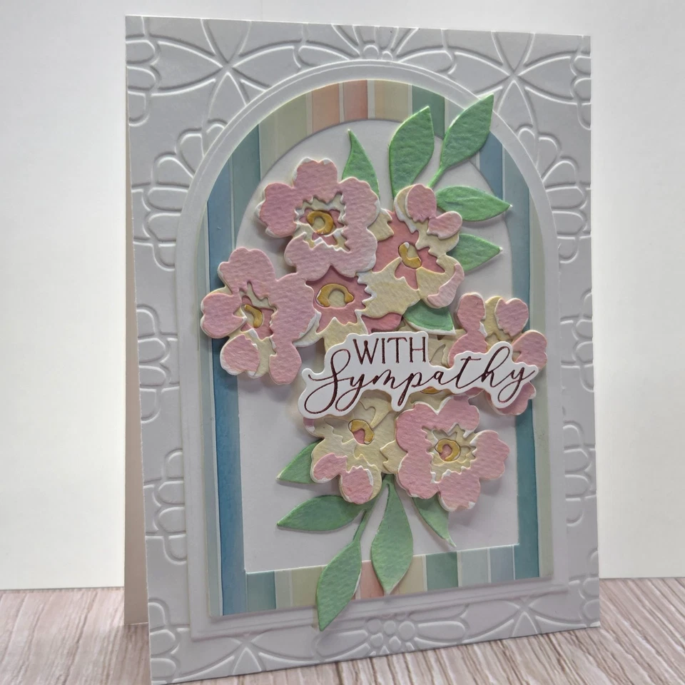 Handmade Greeting Card ocbrandy with sympathy funeral flowers watercolor stripes - Image 1 of 2