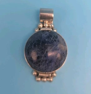 Vintage Mexico Sterling Silver 925 Blue Sodalite Stone Pendant Large Fast Ship - Picture 1 of 6
