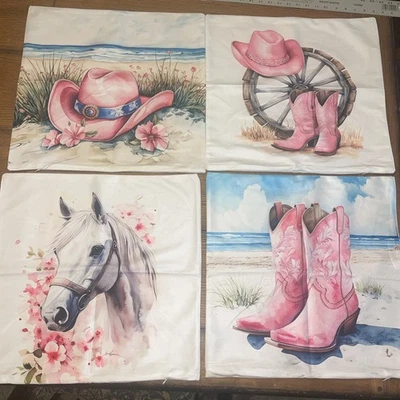 Lot Of 4 Pink Decorative Cowgirl Boot Pillows Covers Fun Dorm Western 17 X  17 - Image 1 of 4