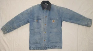 Vintage Carhartt Barn Chore Coat Jacket Faded Blue Denim Blanket Lined Size 36 - Picture 1 of 11