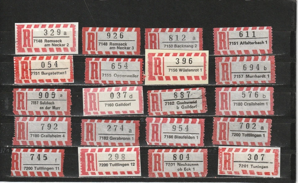 20 R-Zettel BRD, versch. Postämter, 7148 Remseck am Neckar 2 bis 7201 Tuningen - Bild 1 von 1