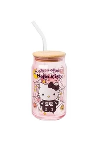 Vaso de Halloween Silver Buffalo Hello Kitty esqueleto tarro de vidrio tapa de bambú 16 oz - Imagen 1 de 4