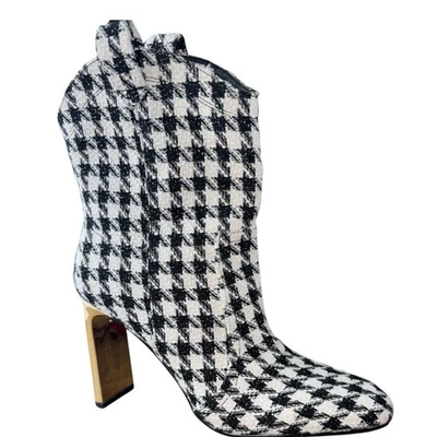 NUEVA Bota Xovira Pata de Gallo Tweed Blanco y Negro Tacón Bloque Dorado Metálico 9.5 Foto 1 de 4