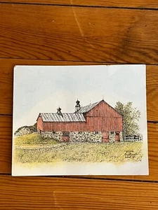 Bucknell Signed & Numbered Hand Drawn Red Rectangle Barn w Stone Foundation Prin - Picture 1 of 8