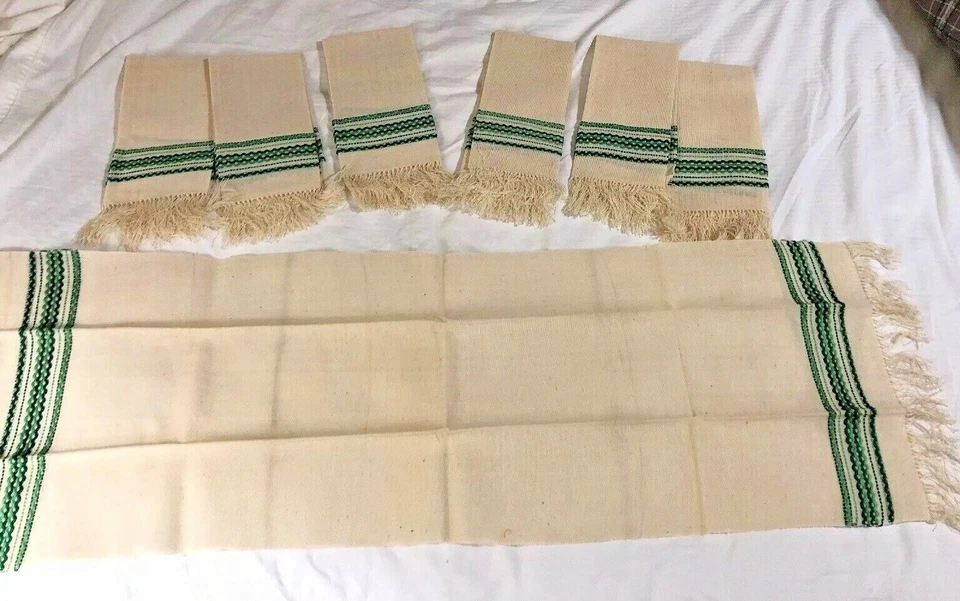 New Farmhouse FEED SACK Burlap 6 Napkins & 36" Table Runner Primitive green trim - Image 1 of 4