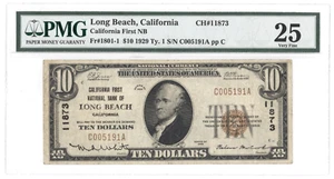 CH 11873 10 $ 1929 NATIONAL BANK OF LONG BEACH CA CALIFORNIA TYPE 1 PMG SS 25 - Bild 1 von 2