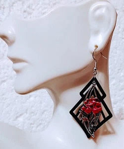 Royal Garden: Intricate Green & Rose Statement Earrings 2.25" Earrings - Picture 1 of 3