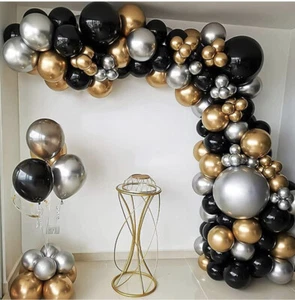 111 Pc Black, Gold & Silver Balloons Party Decorations - Picture 1 of 7