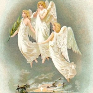 c.1890 Victorian Easter Card Greeting Triplets Flying Angel Wings Glowing Cross - Picture 1 of 3