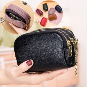 Women Lady Coin Purse with Triple Zip Change Pouch Small Wallet Leather Handbag - Picture 1 of 36