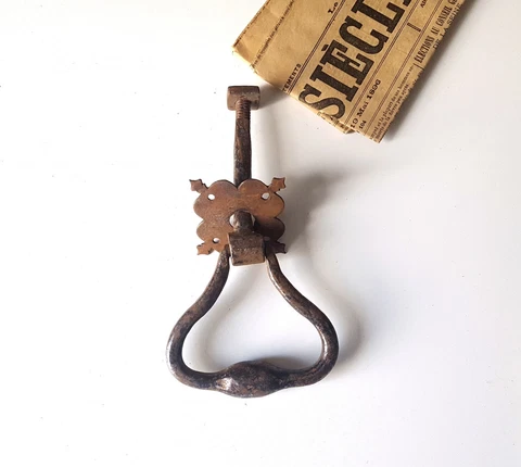 Antique wrought iron door knocker French frontdoor hardware Salvaged 7.32" Cover