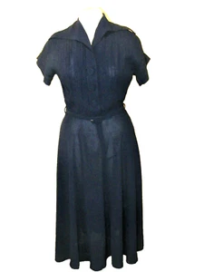 40S DRESS BLUE RAYON PLUTZER PRIZE SHEER LONG FULL SKIRT BELTED PINTUCK PLEATED - Picture 1 of 11