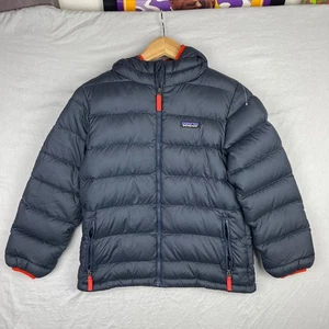 Patagonia Jacke Jungen Medium 10 Hi-Loft Daunen Pullover Hoody Puffer durchgehender Reißverschluss marineblau - Bild 1 von 14