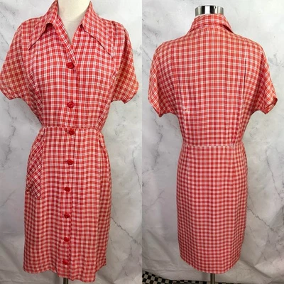 Vestido de día vintage años 40 30 rojo a cuadros cuello M abotonado midi granjero MCM Monroe Foto 1 de 4