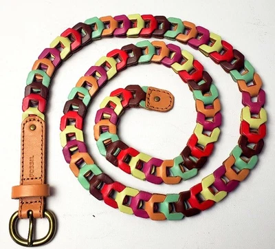 Cinto de couro fóssil feminino corrente elo boho multicolorido médio. FRETE GRÁTIS de 3/4" de largura - Imagem 1 de 4