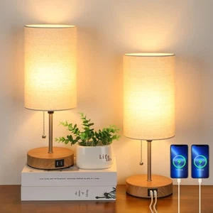 Set of 2 Table Lamps with 2 USB Ports, Modern Bedside, Desk Lamps with Cream - Picture 1 of 7