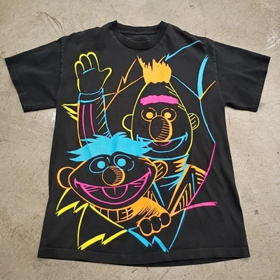 👾Sesame Workshop Neon Outline Bert & Ernie Black T-Shirt   Mens Size 18x26.5 - image 1 of 4