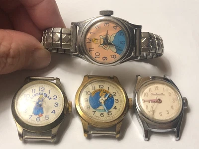4 RELOJ PULSERA VINTAGE DISNEY CENICIENTA HECHO EN SUIZA PLATA ADULTO TIEMPO DE EE. UU. NIÑO Foto 1 de 4