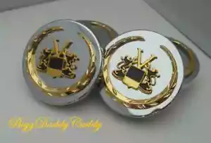 4 Cadillac CENTER CAPS 2 5/8" GOLD WREATH & VOGUE CREST!! - Picture 1 of 1