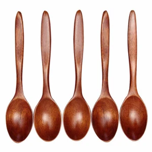 5Pcs Wooden Spoon Bamboo Kitchen Cooking Utensil Tool Soup Teaspoon Catering AU - Picture 1 of 13
