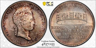 ITALY MILAN FERDINAND I OF AUSTRIA 1838 SILVER CORONATION MEDAL, UNC., PCGS MS3 - Image 1 of 3