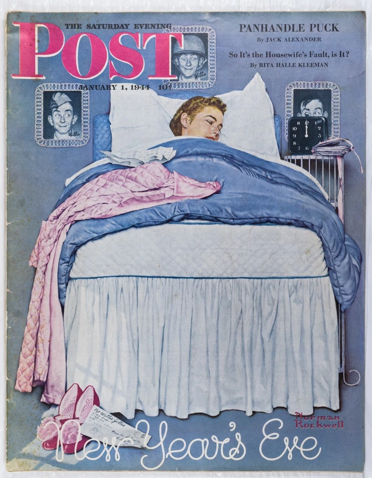 JAN 1 1944 New Years Eve Asleep!? NORMAN ROCKWELL SE POST FULL MAG M487 - Imagem 1 de 4
