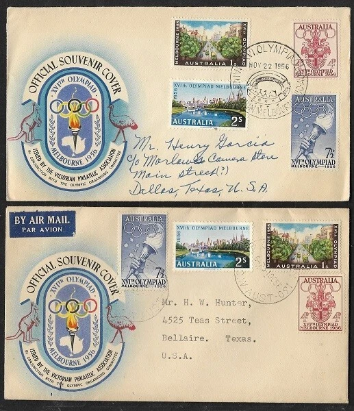 AUSTRALIA 1956 OLYMPICS STAMPS on  two COVERS  to USA  DIFFERENT postmark  VF - Image 1 of 1