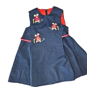 Vintage 70er Mädchen 2T Plissee Kleid 3 Blindmäuse dunkelblau ärmellos Kinderreim - Bild 1 von 7